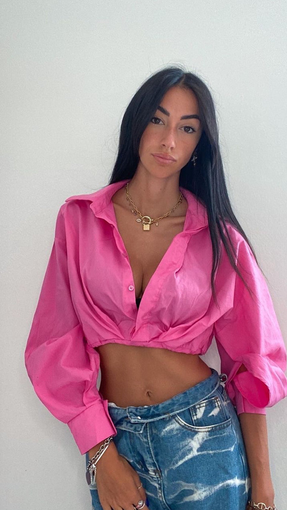 Camicia crop fucsia in cotone