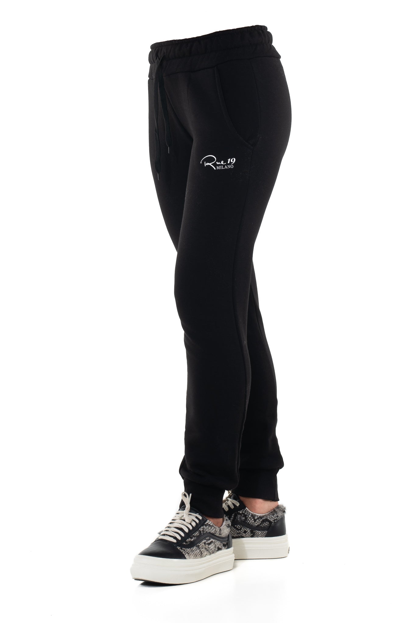 Black basic jogger with Rue 19 milano italic logo