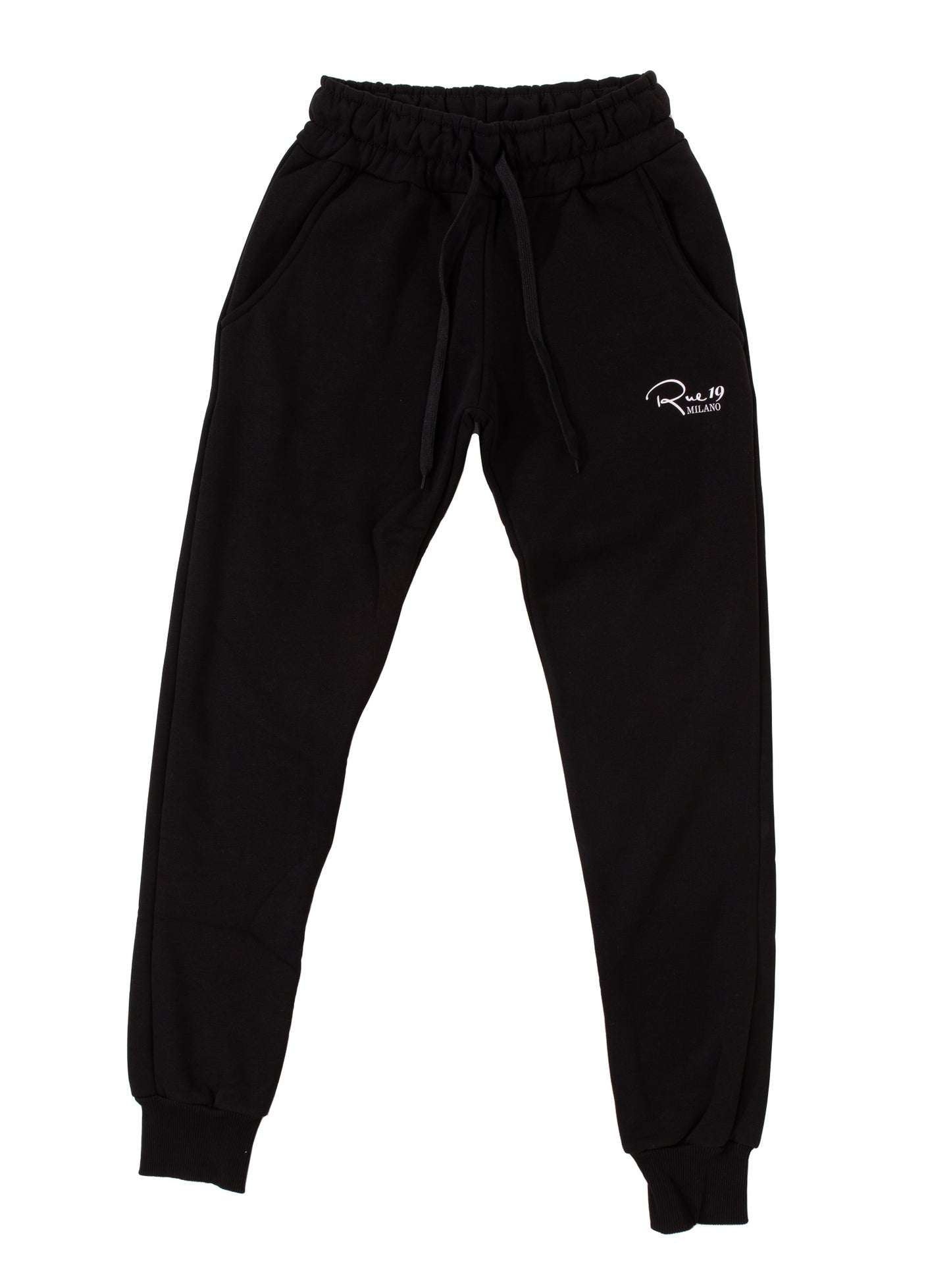 Black basic jogger with Rue 19 milano italic logo