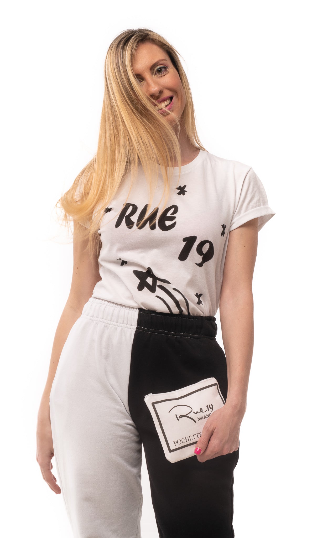 T-shirt bianca Rue 19 Milano con stella cadente e logo nero