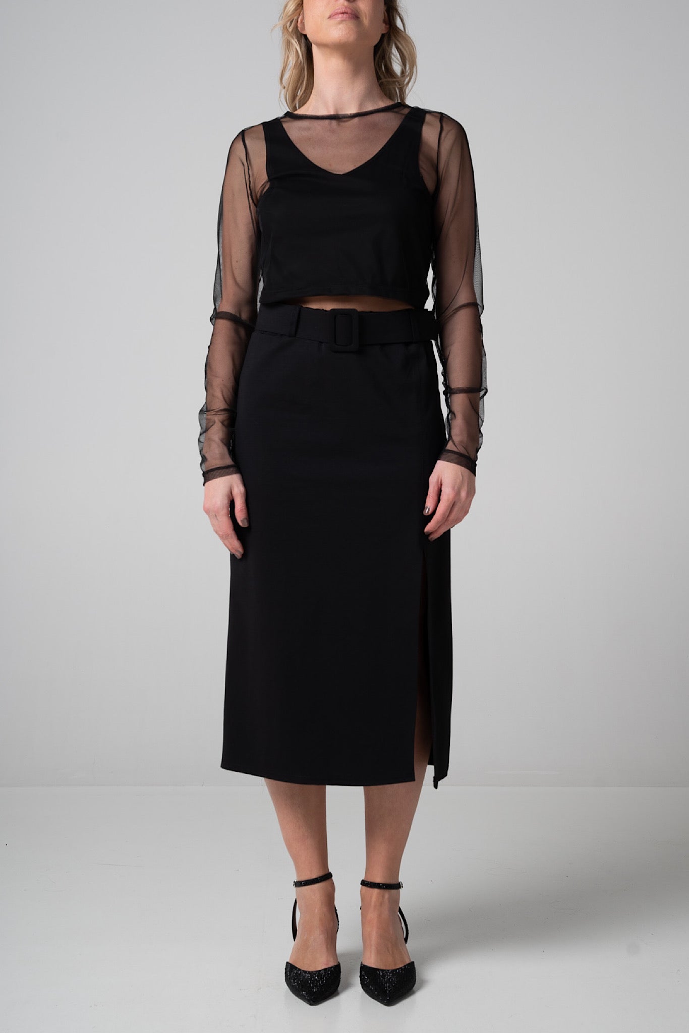 Maglia tulle nera cropped
