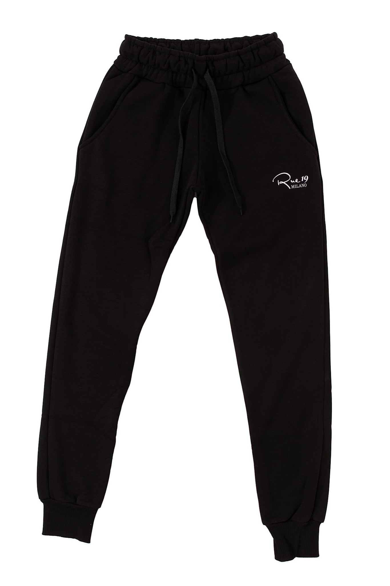 Black basic jogger with Rue 19 milano italic logo