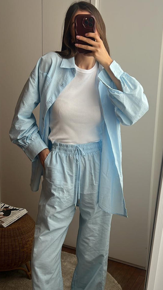 Camicia over celeste misto lino