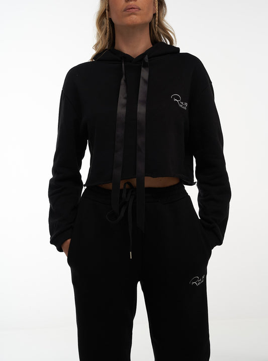 Felpa crop nera con lacci in raso e ricamo Rue 19 Milano