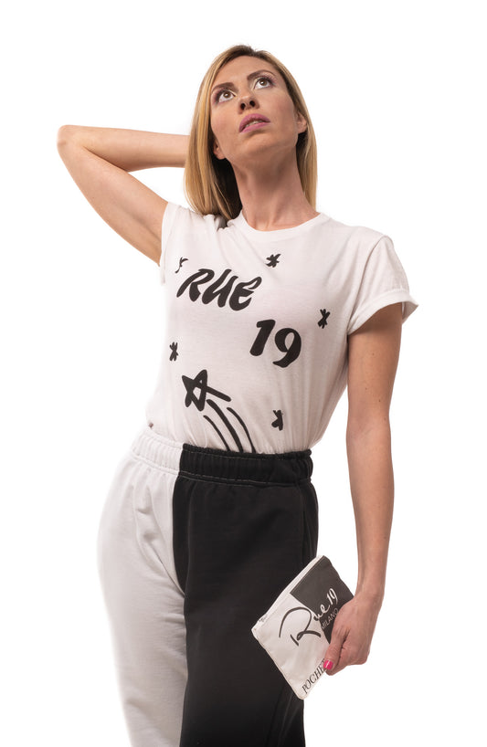 T-shirt bianca Rue 19 Milano con stella cadente e logo nero