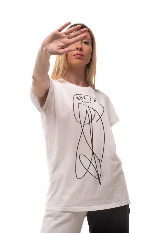 T-shirt bianca Rue 19 Milano con scarabocchio