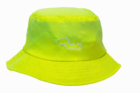 Cappello Bucket Rue 19 Milano giallo fluo con ricamo bianco