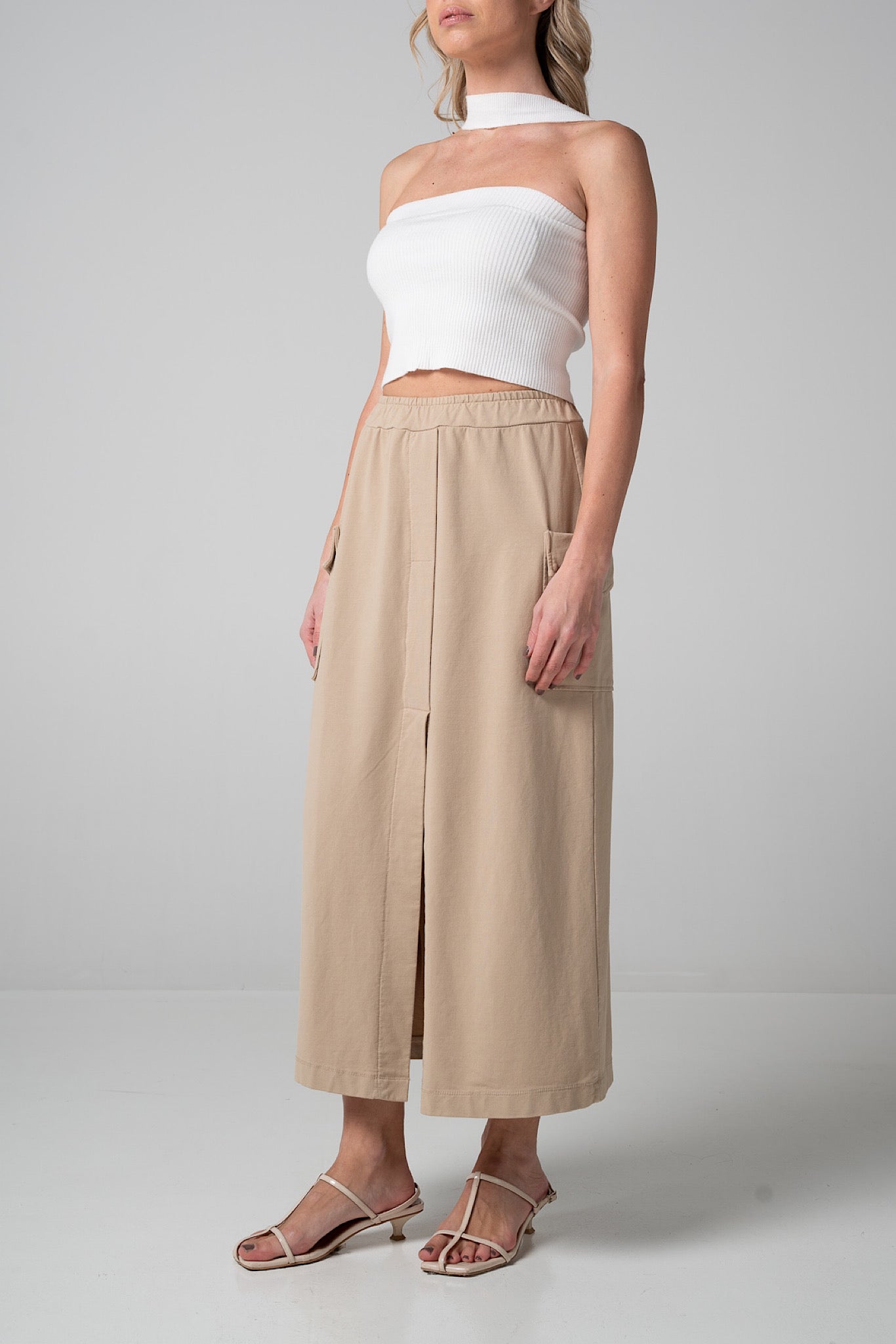 Gonna Midi cargo in cotone beige con spacco