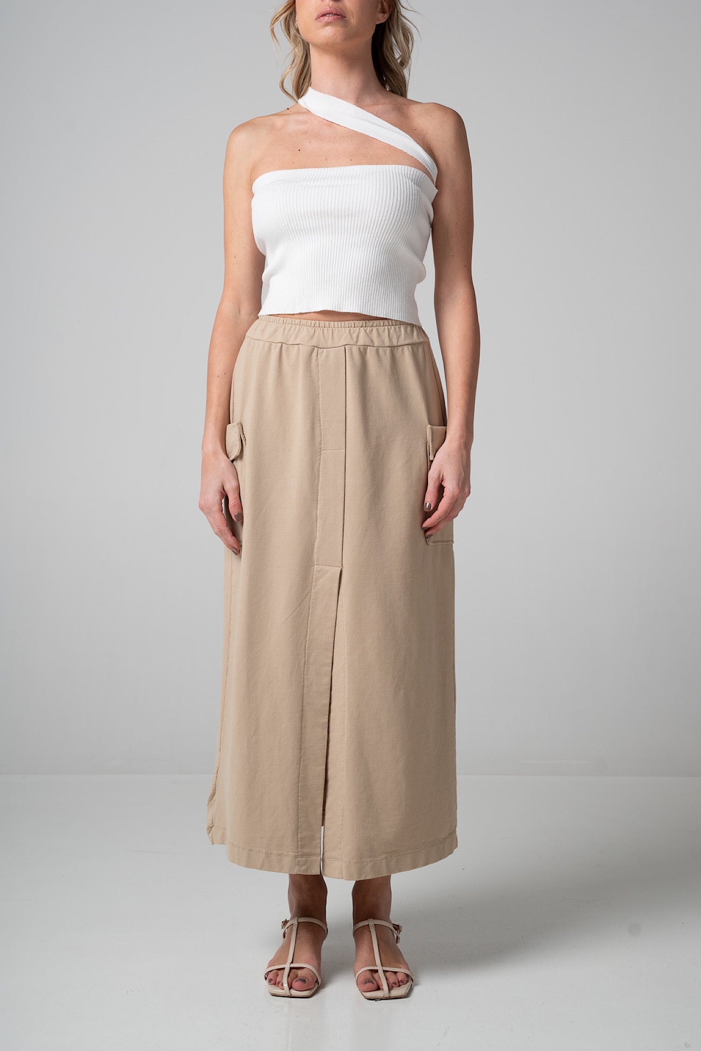 Gonna Midi cargo in cotone beige con spacco