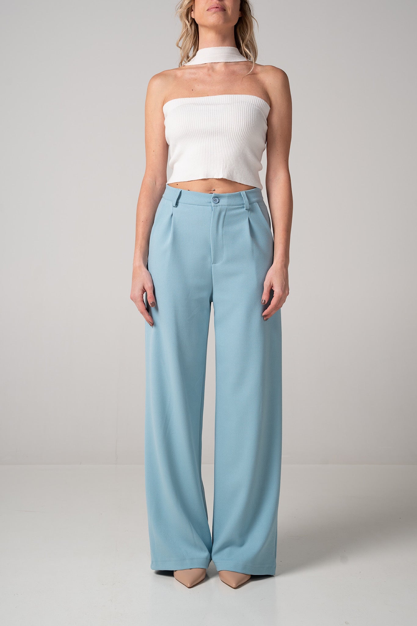 Pantalone wide leg celeste