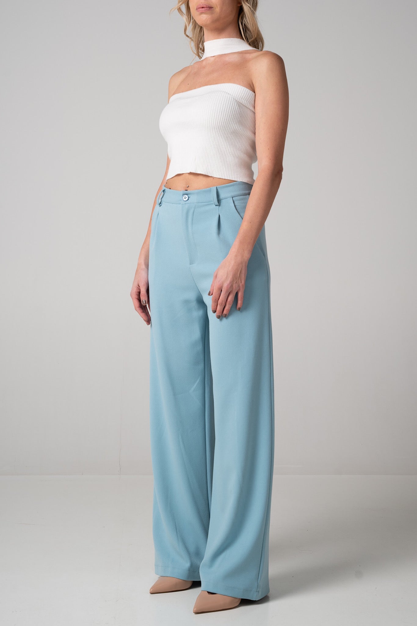 Pantalone wide leg celeste