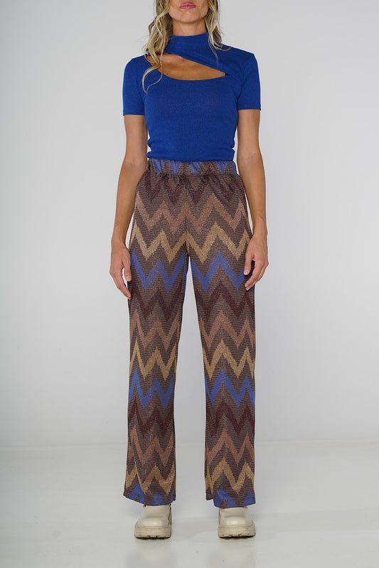 Pantalone a stampa chevron marrone e blu