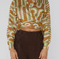 Cardigan con fantasia geometrica camel e verde menta
