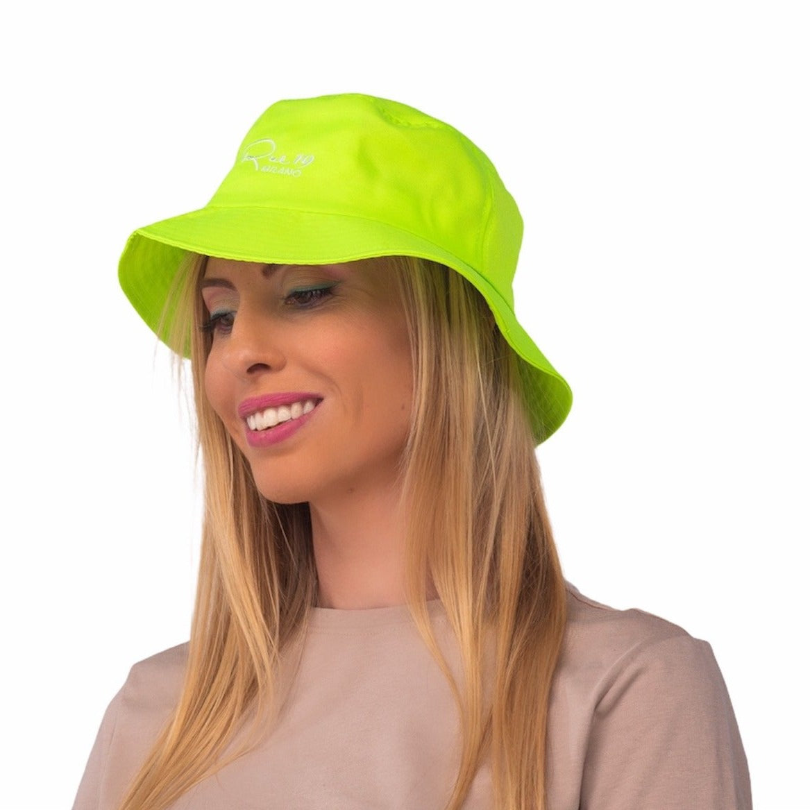 Bucket hat Rue 19 Milano verde fluo con ricamo bianco