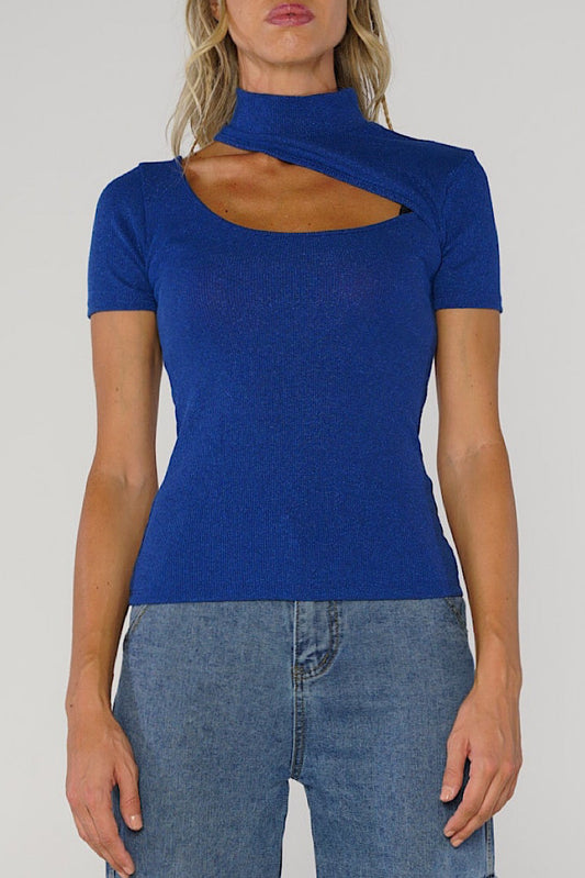 Maglia blu a maniche corte con lurex e scollo cut out